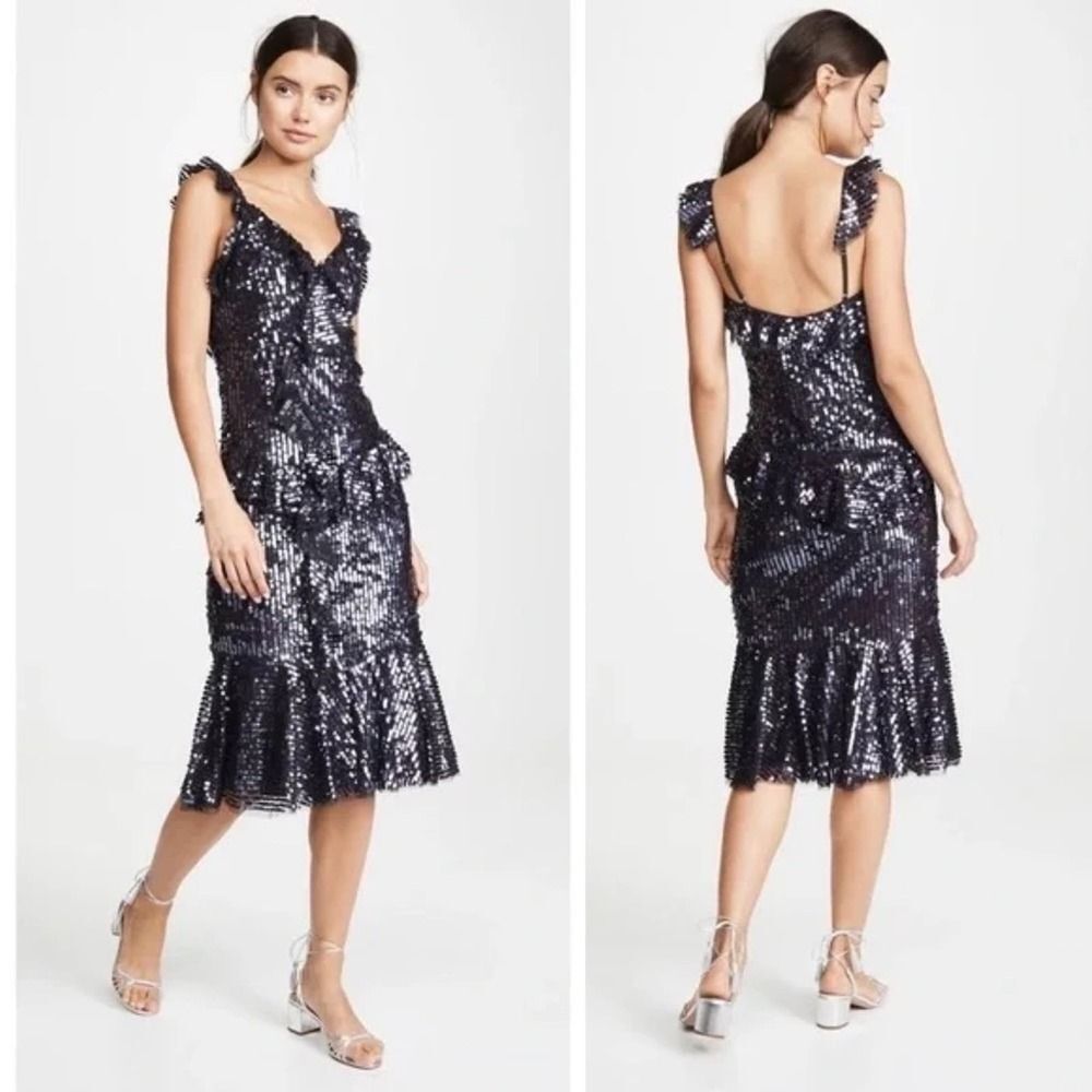 NWT Needle & Thread Navy Blue Scarlett Sequin Ruffle Midi Dress Sz 0